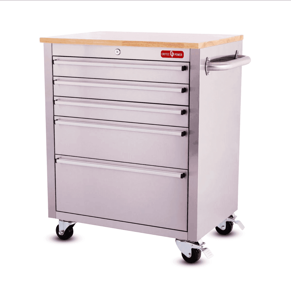 Crytec | 26″ Stainless Steel Tool Cabinet | 5 Drawer | Wooden Worktop
