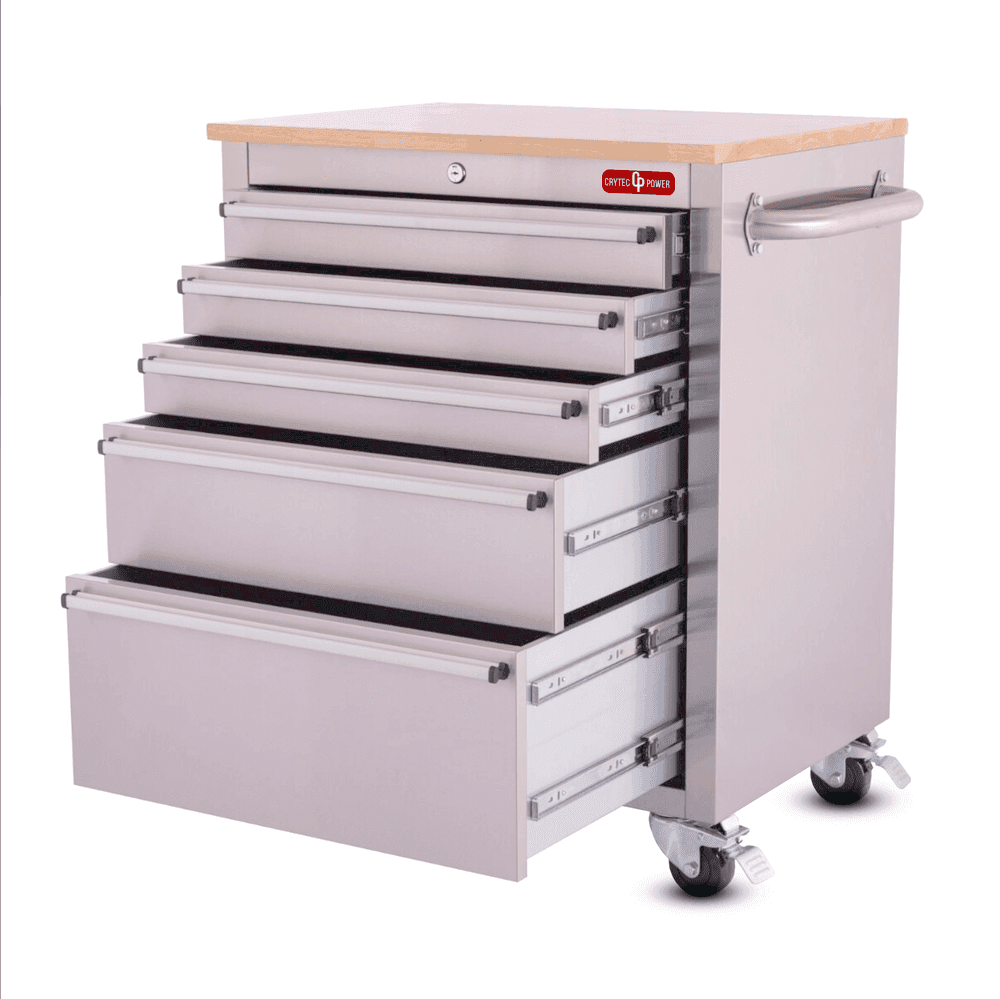 Crytec | 26″ Stainless Steel Tool Cabinet | 5 Drawer | Wooden Worktop