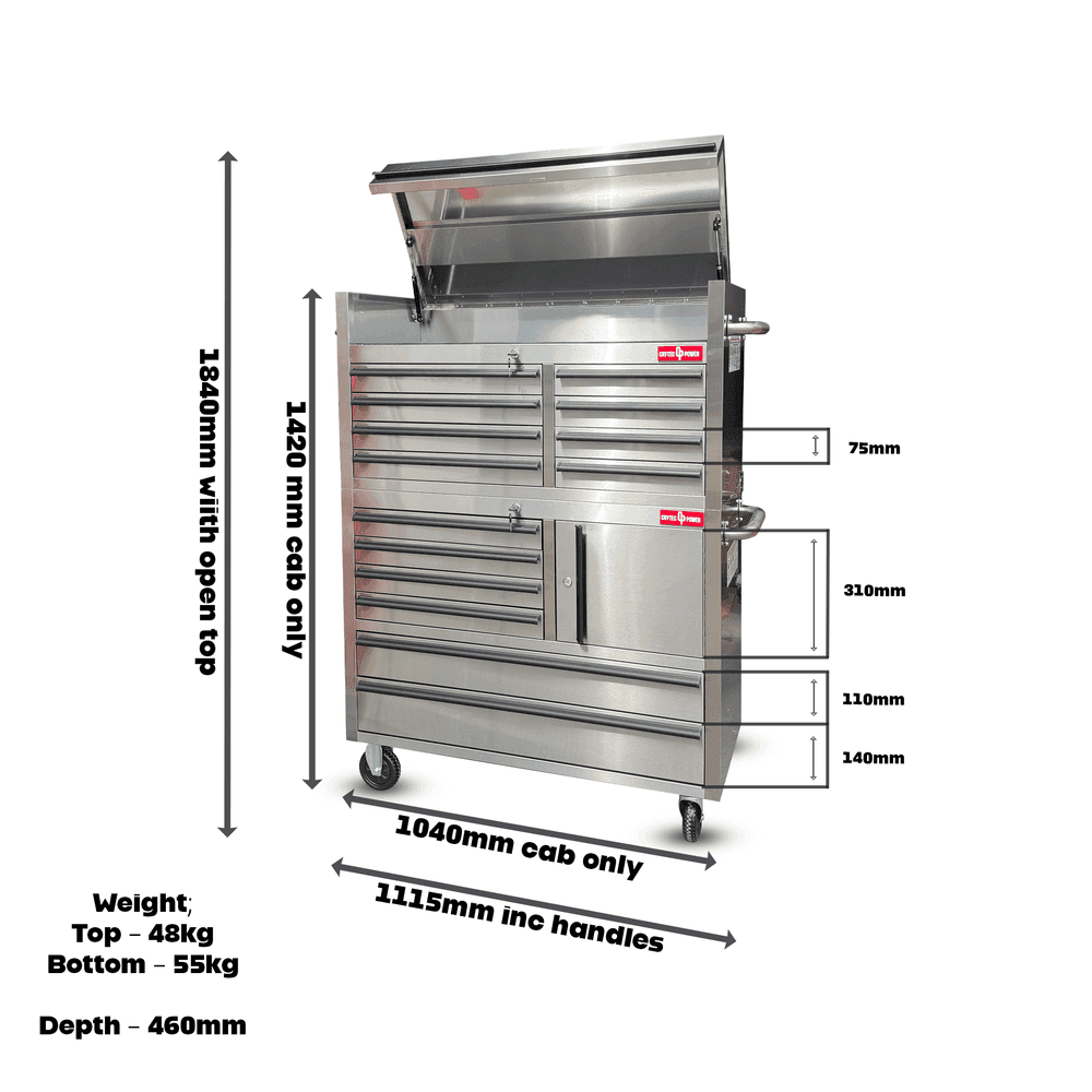 Crytec | 41″ Stainless Steel | 14 Drawer | Tool Cabinet