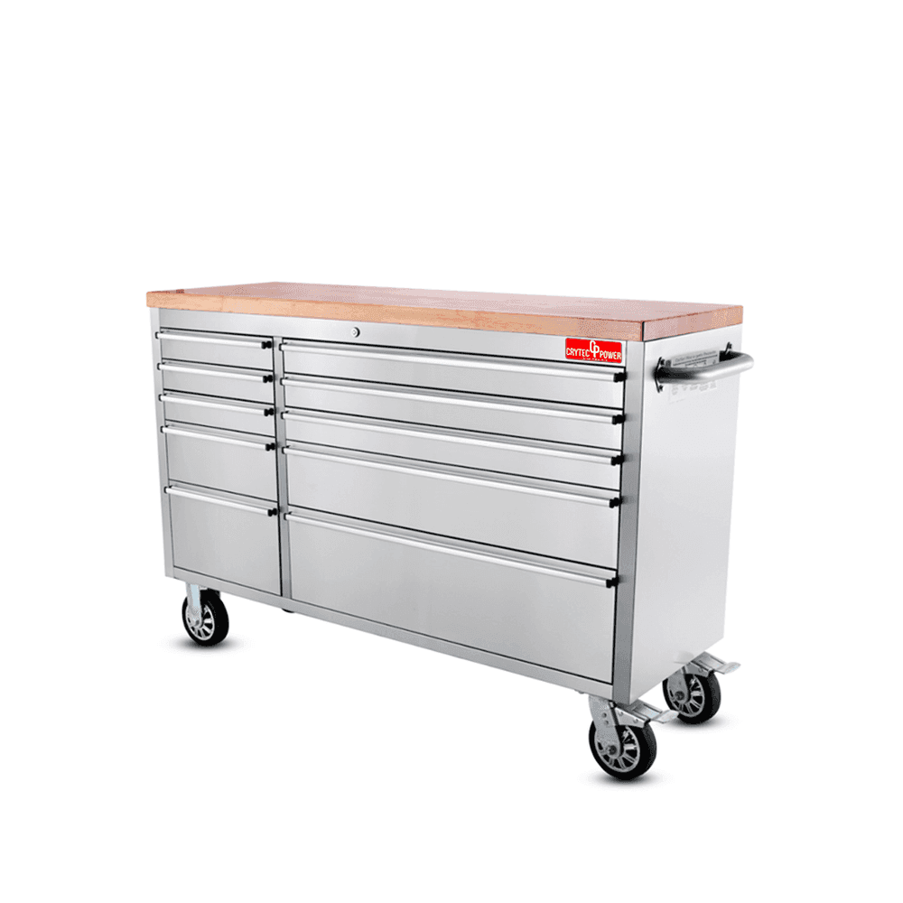 *PROMO* Crytec | 55″ Tool Cabinet | Stainless Steel | 10 Drawers | Wooden Top