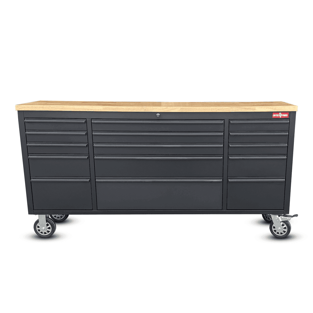 Crytec | 72″ Tool Cabinet | Wooden Top | Black | Stainless Steel | 15 Drawers |