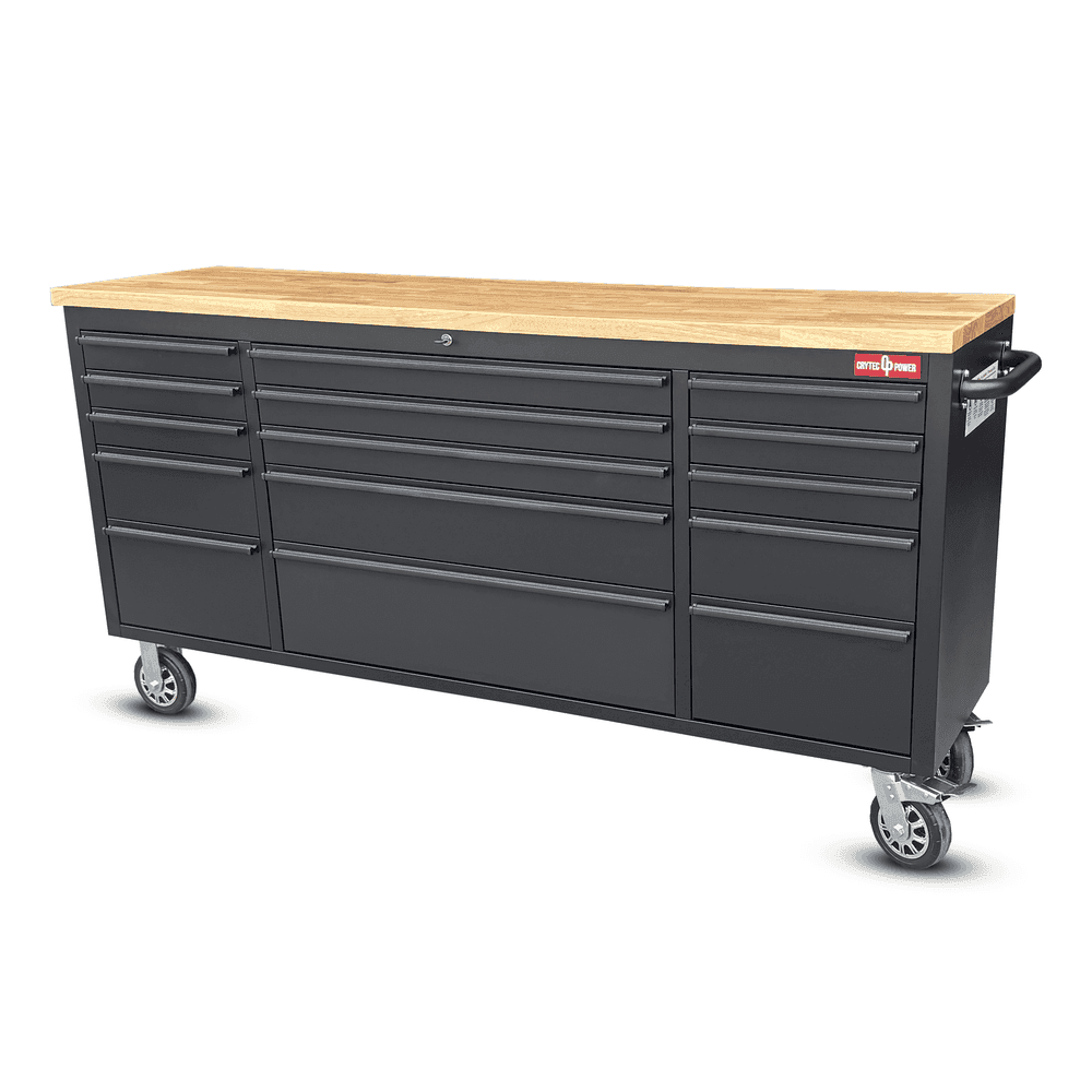 72″ Tool Cabinet | Wooden Top | Black | Stainless Steel | 15 Drawers |