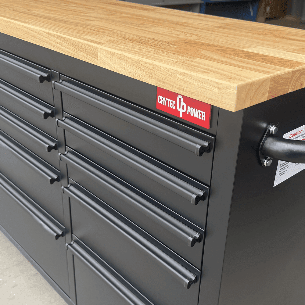 72″ Tool Cabinet | Wooden Top | Black | Stainless Steel | 15 Drawers |