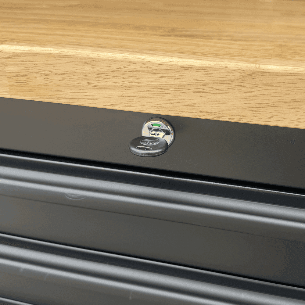 Crytec | 72″ Tool Cabinet | Wooden Top | Black | Stainless Steel | 15 Drawers |