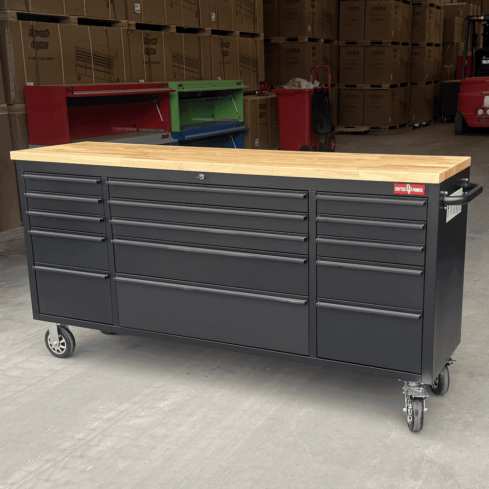 Crytec | 72″ Tool Cabinet | Wooden Top | Black | Stainless Steel | 15 Drawers |