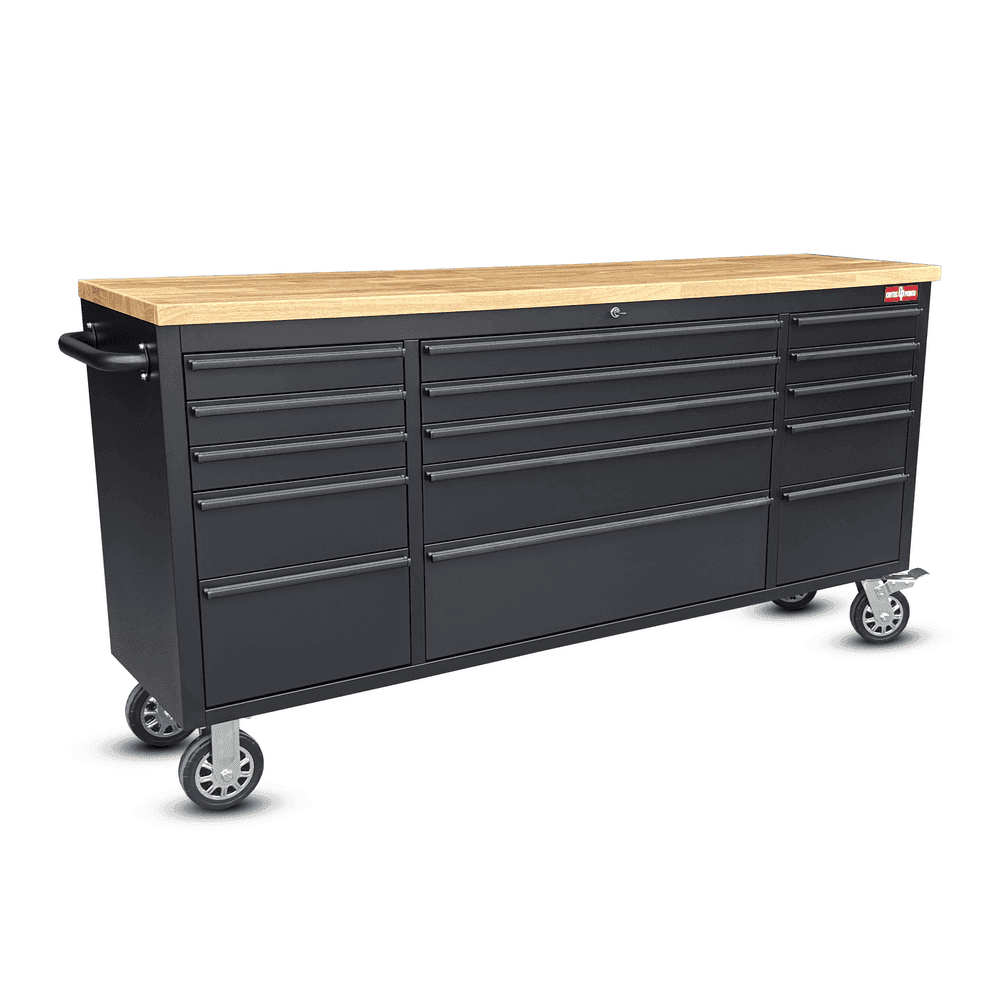 Crytec | 72″ Tool Cabinet | Wooden Top | Black | Stainless Steel | 15 Drawers |