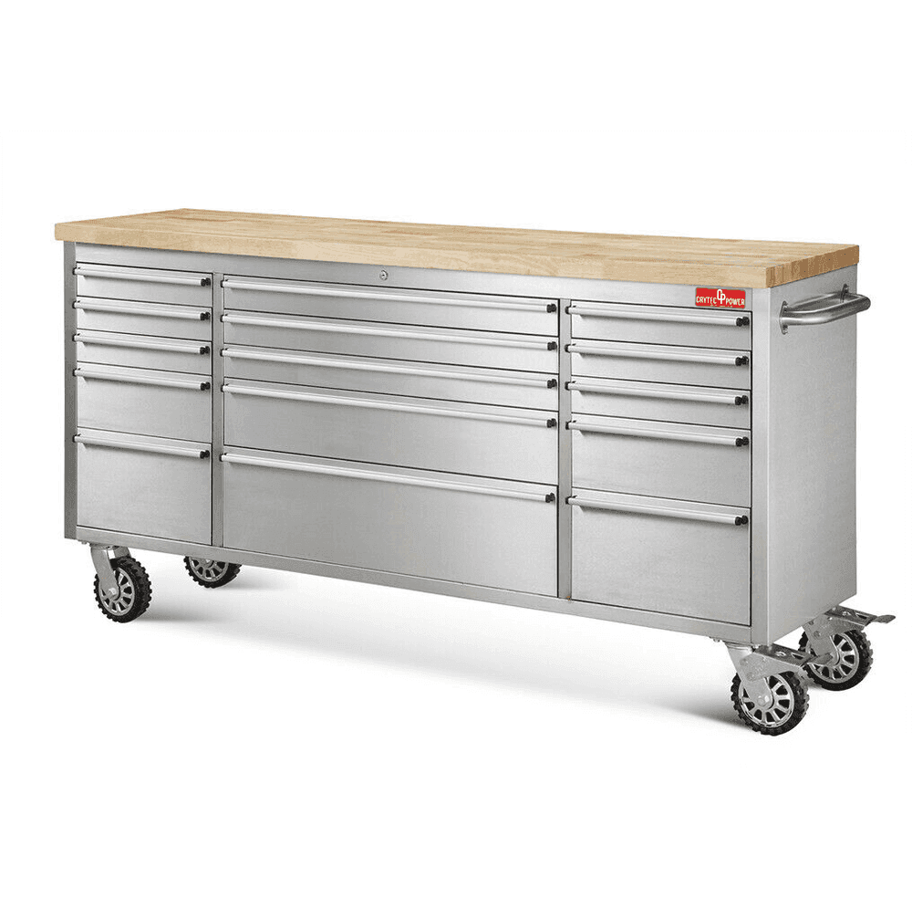 72″ Tool Cabinet | Stainless Steel | 15 Drawers | Wooden Top