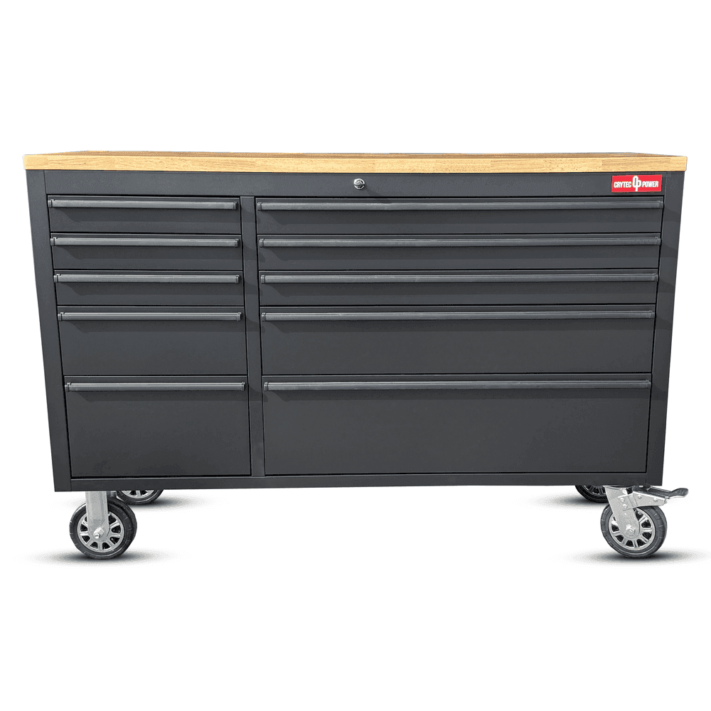 Crytec | 55″ Tool Cabinet | Black | Wooden Top | 10 Drawers |