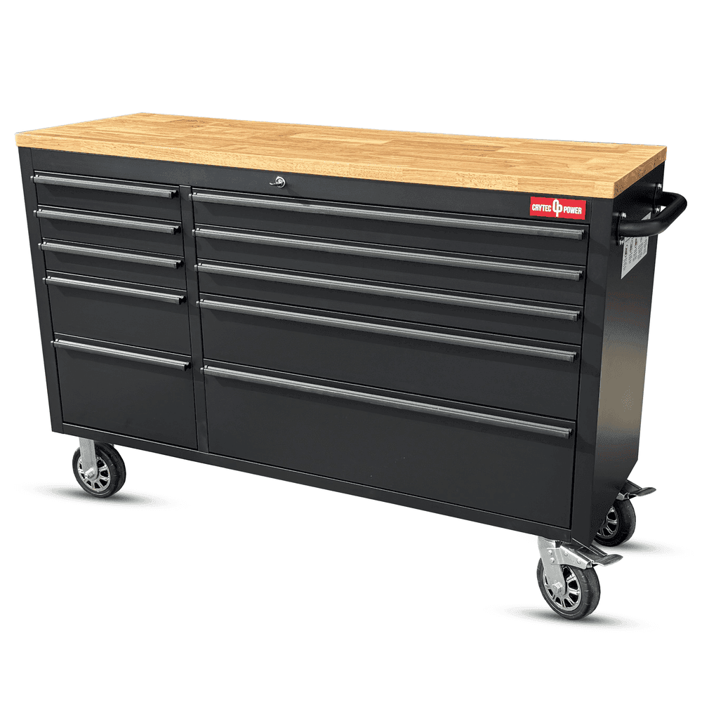 Crytec | 55″ Tool Cabinet | Black | Wooden Top | 10 Drawers |