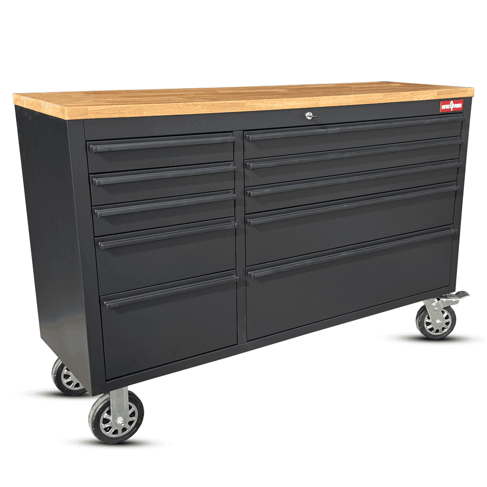 Crytec | 55″ Tool Cabinet | Black | Wooden Top | 10 Drawers |