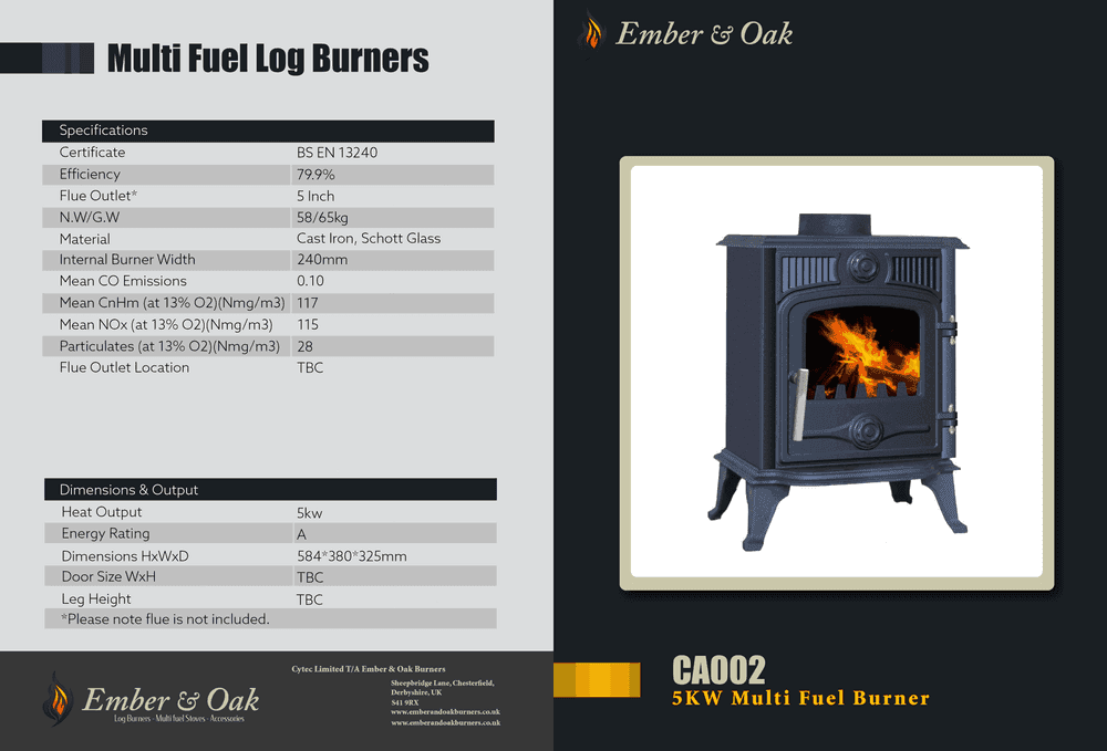5KW | Multi-Fuel Wood Stove | Log Burner | Cast Iron | Model CA002