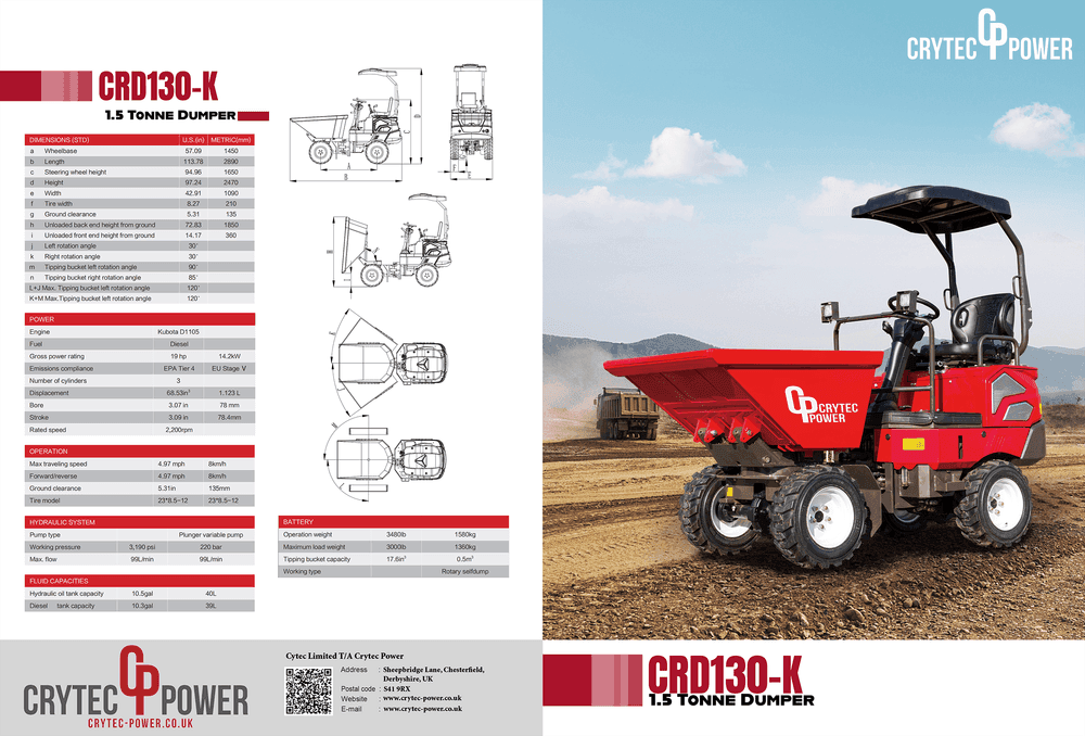 Crytec | 1.3 Tonne | Swivel Tip Site Dumper | Kubota Engine | CRD130-K