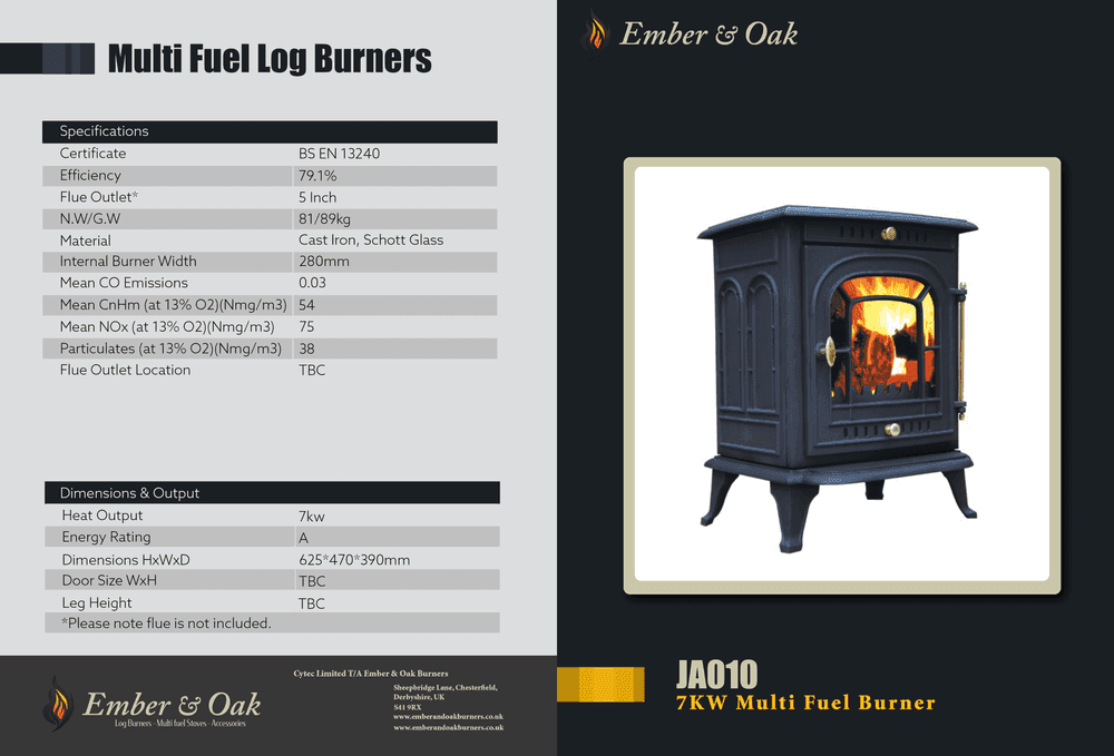 7KW | Multi-Fuel Wood Stove | Log Burner | Cast Iron | Model JA010