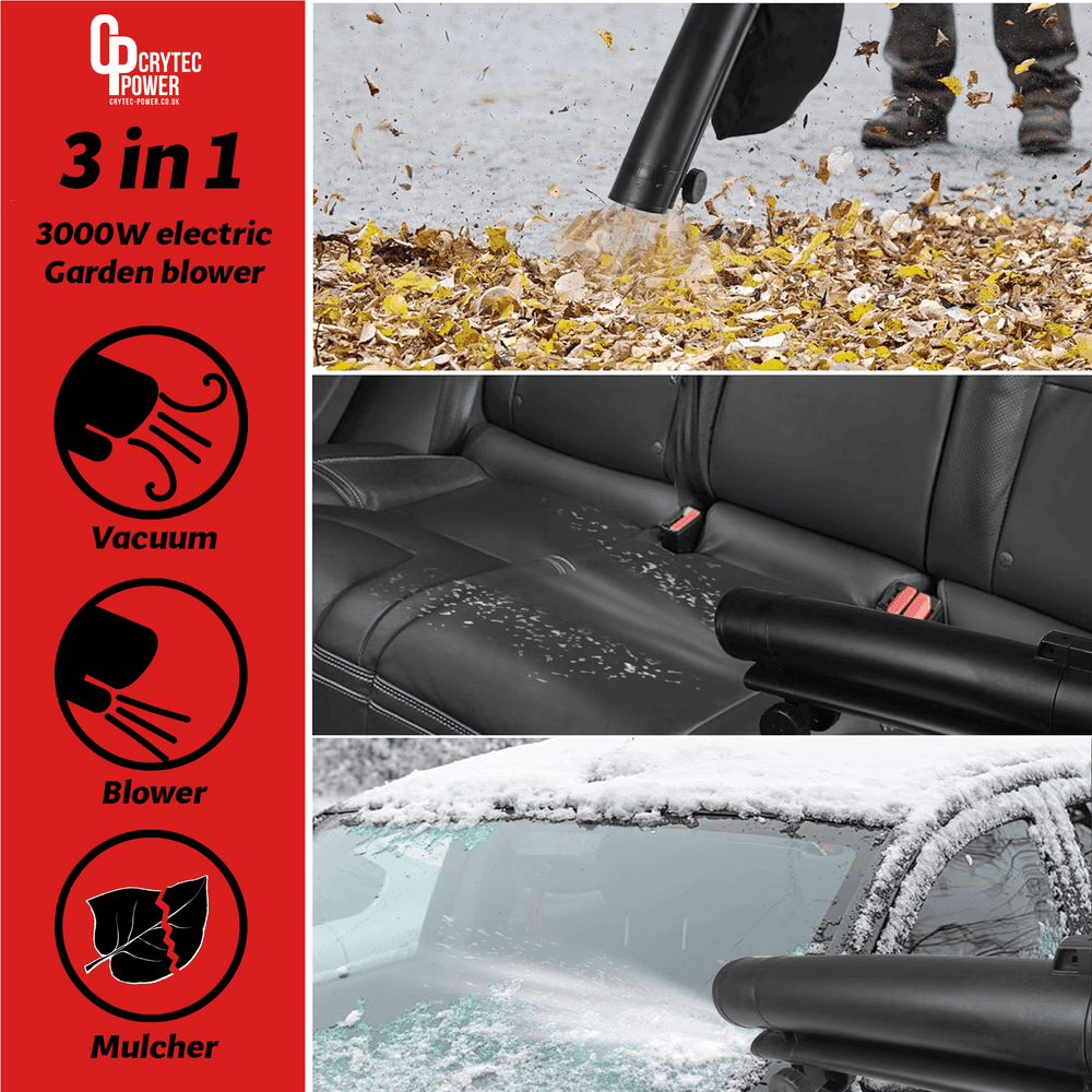 Crytec 3 in 1 Garden Leaf Blower | 3KW | Vacuum Blower &amp; Mulcher | 10:1 Mulch Ratio