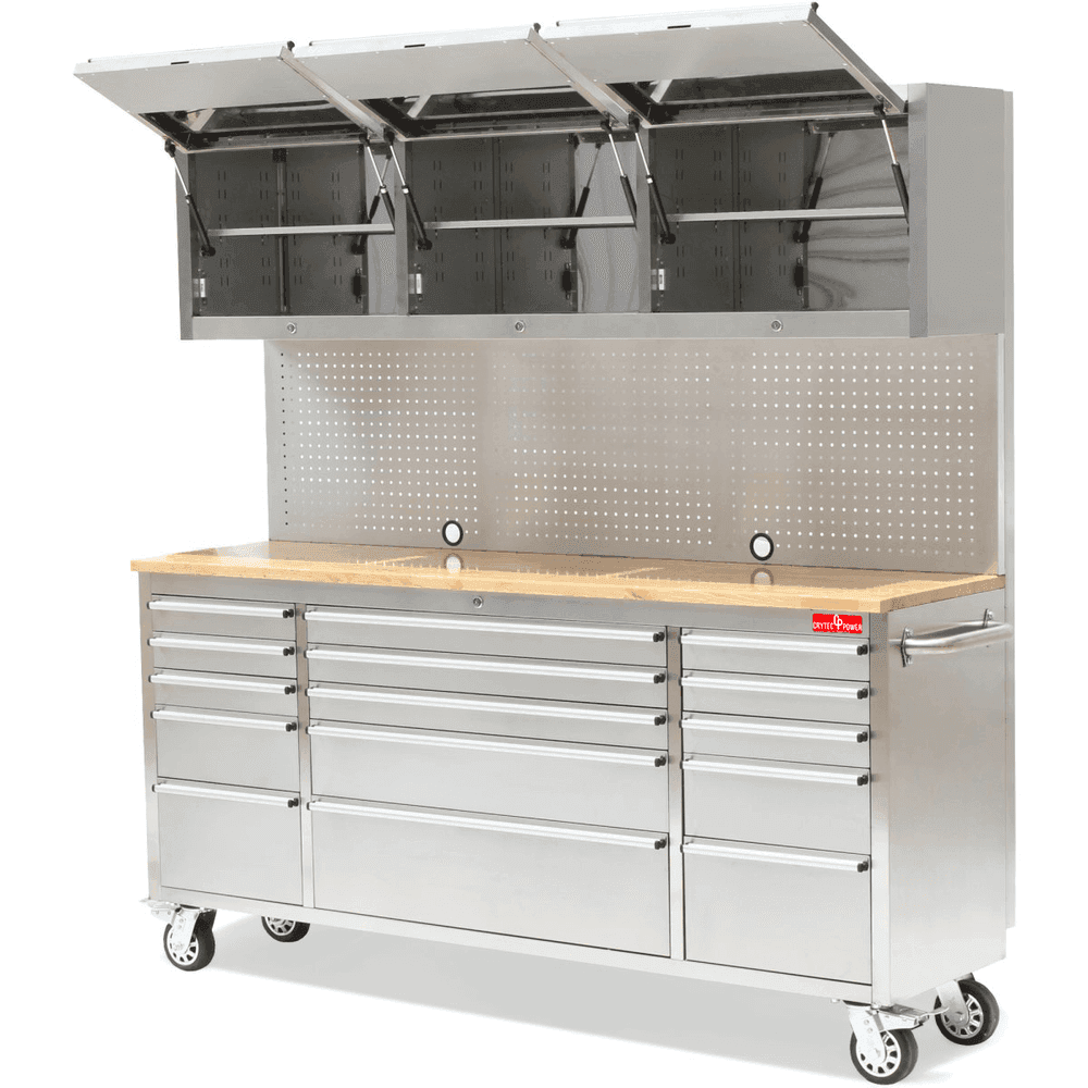 Crytec | 72″ Tool Cabinet With Workstation | Stainless Steel | 15 Drawers | 3 x Cupboards &amp; Pegboards