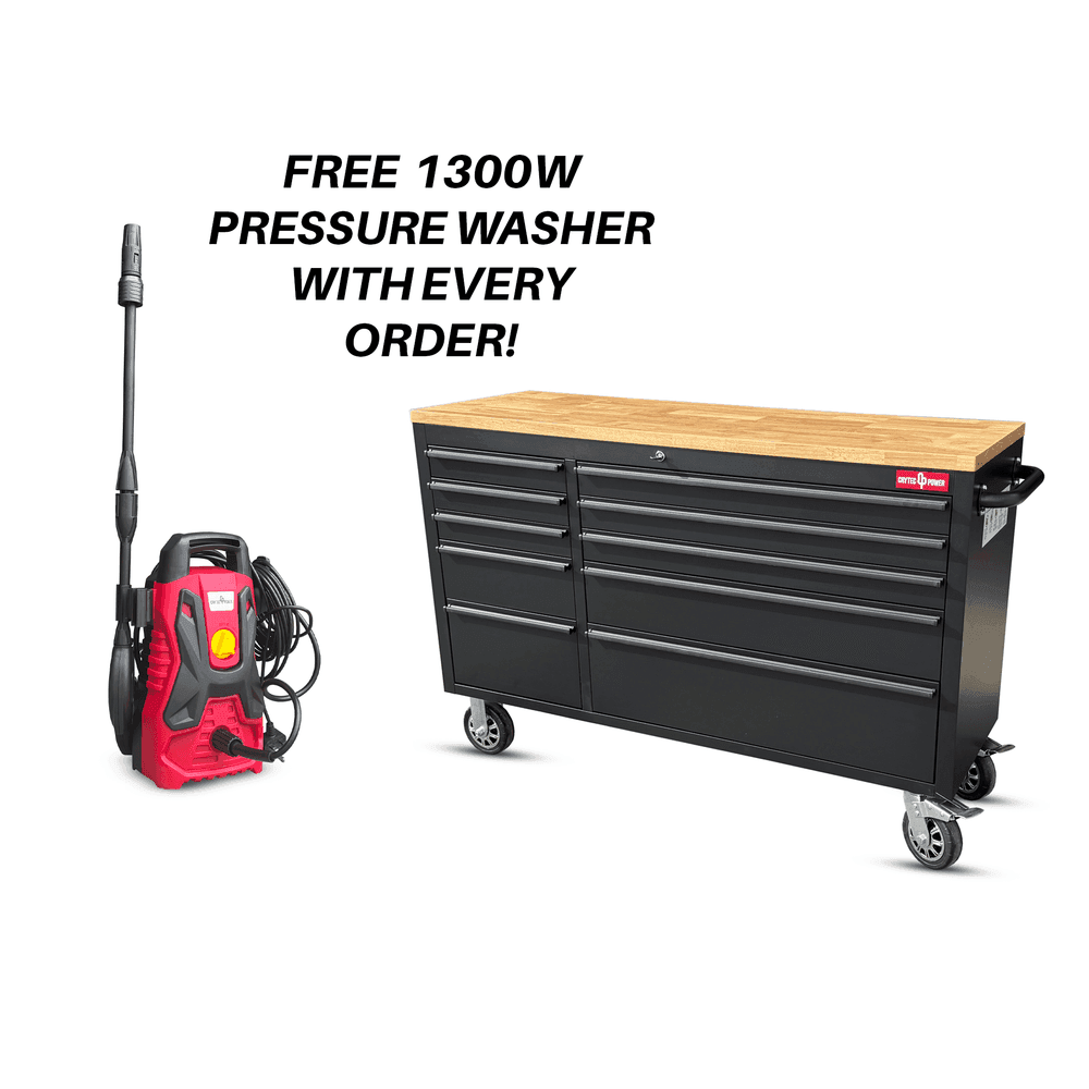 Crytec | 55″ Tool Cabinet | Black | Wooden Top | 10 Drawers |