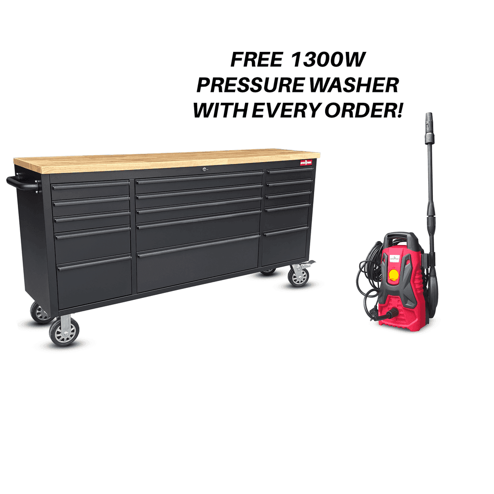 Crytec | 72″ Tool Cabinet | Wooden Top | Black | Stainless Steel | 15 Drawers |