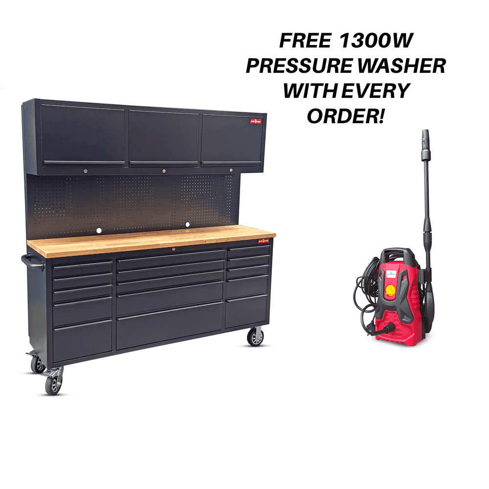 Crytec | 72″ Tool Cabinet Workstation | Black | 15 Drawers | 3 x Cupboards &amp; Pegboards