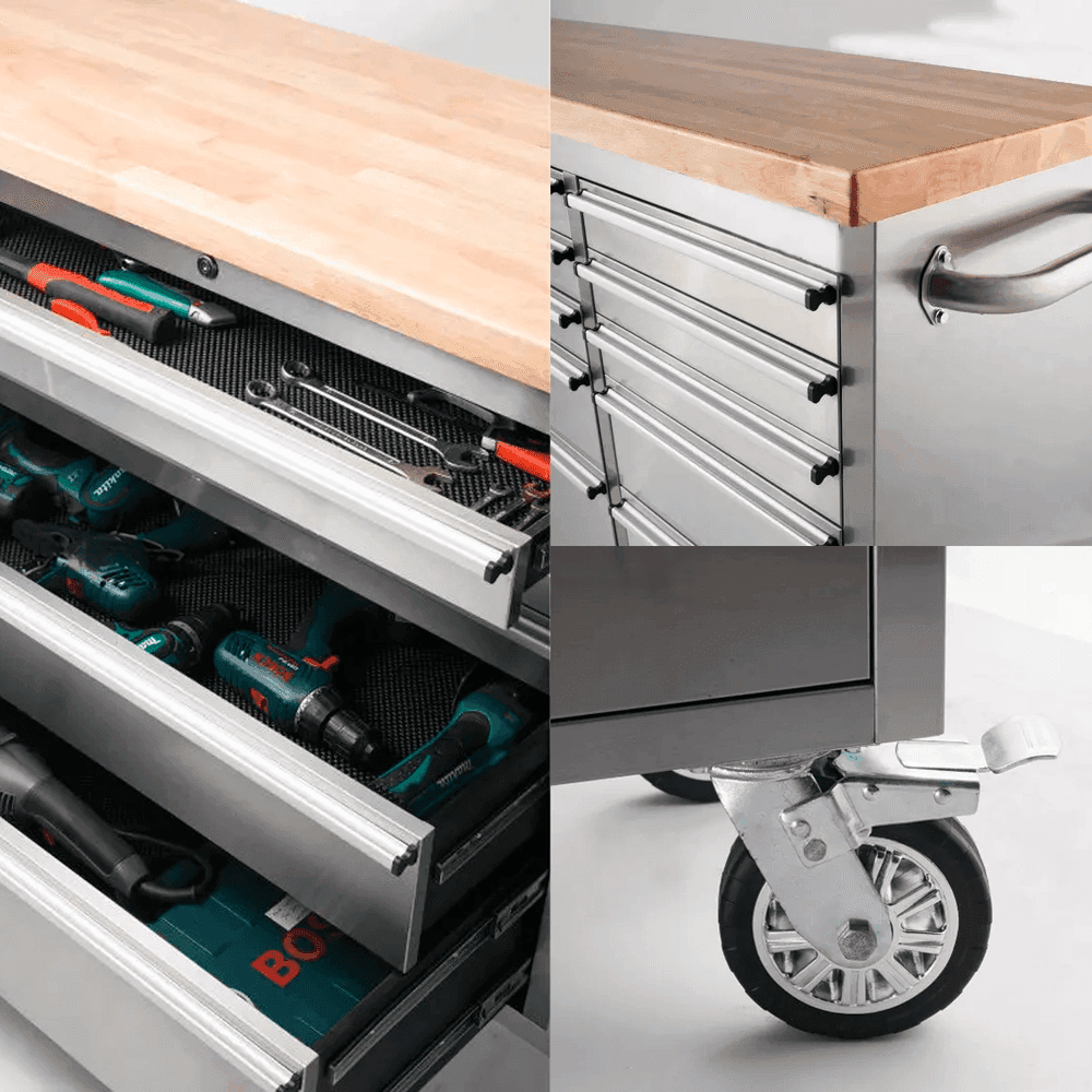 72″ Tool Cabinet | Stainless Steel | 15 Drawers | Wooden Top