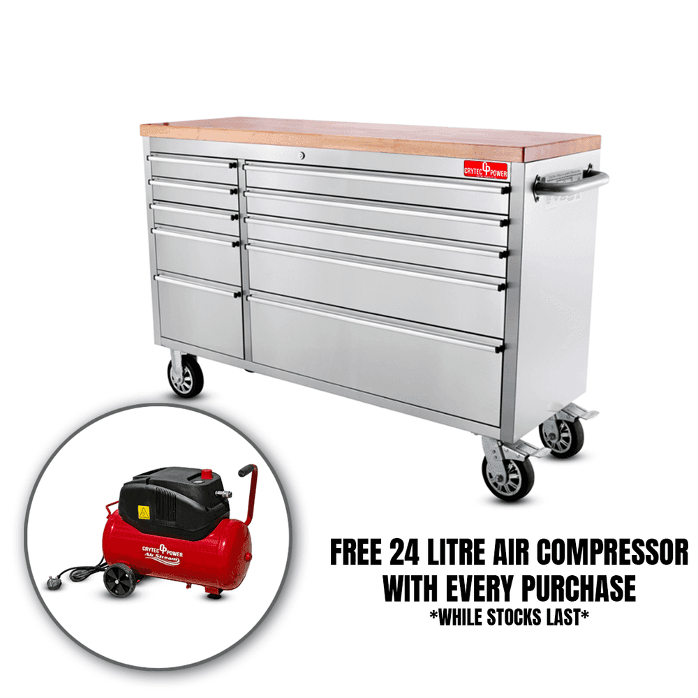 *PROMO* Crytec | 55″ Tool Cabinet | Stainless Steel | 10 Drawers | Wooden Top