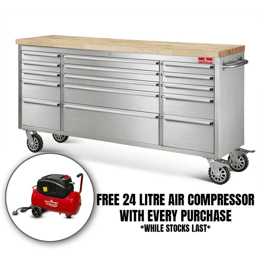 72″ Tool Cabinet | Stainless Steel | 15 Drawers | Wooden Top