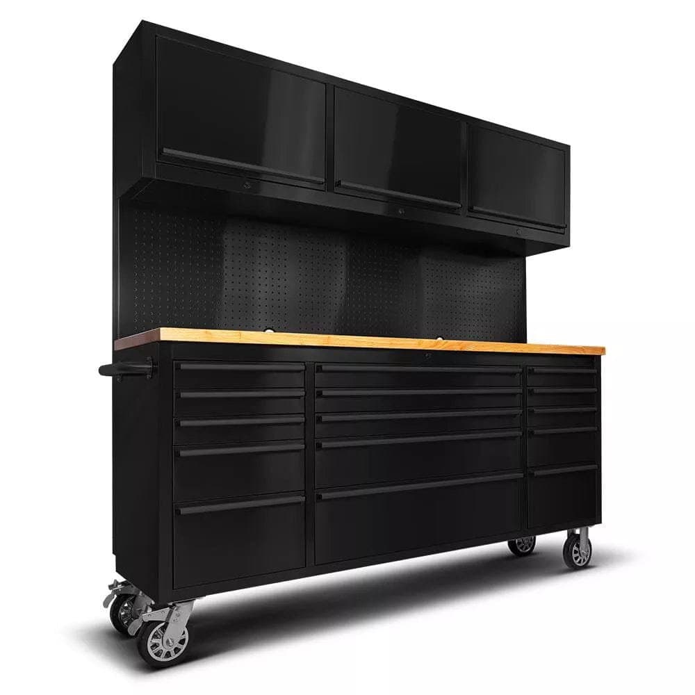 Crytec | 72″ Tool Cabinet Workstation | Black | 15 Drawers | 3 x Cupboards &amp; Pegboards