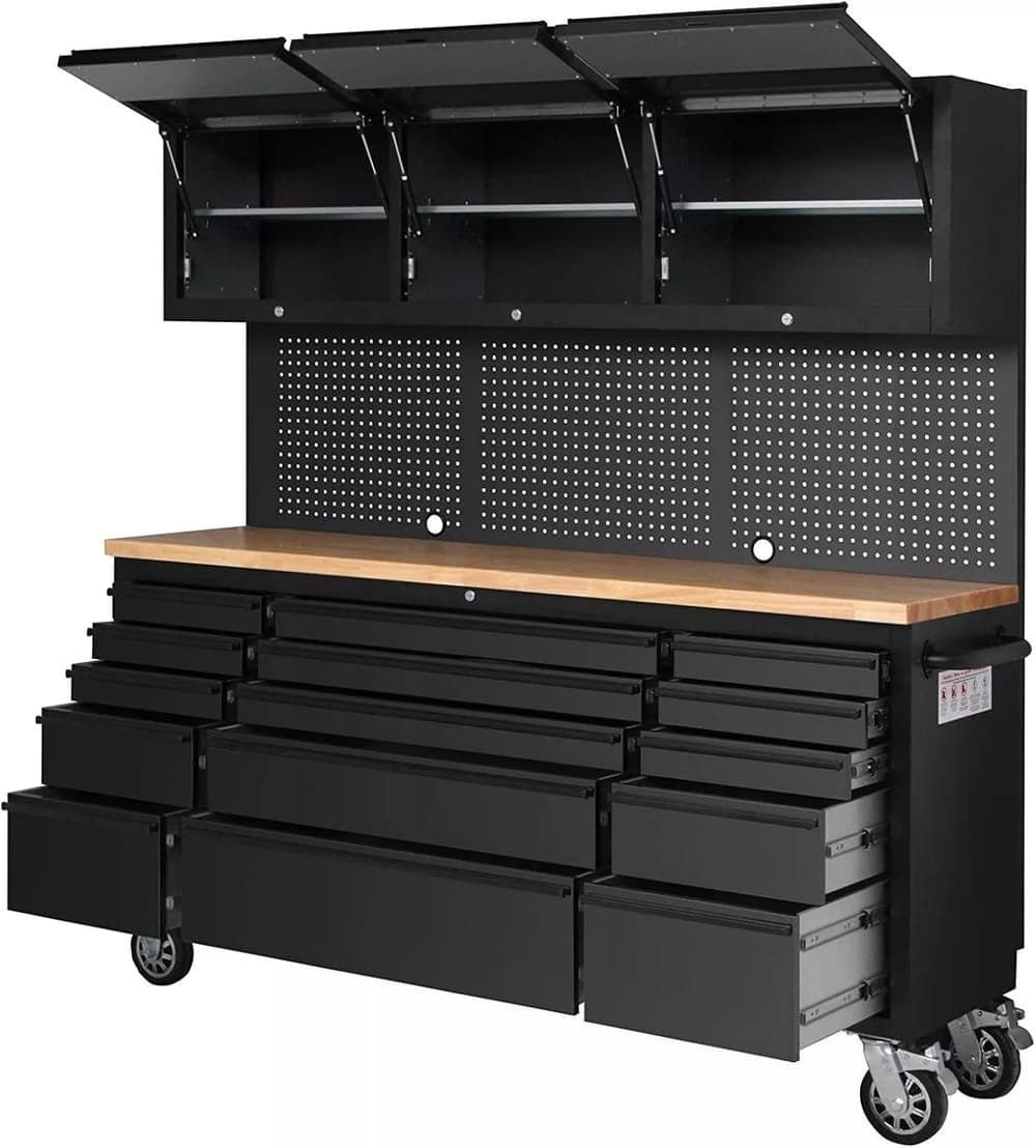 Crytec | 72″ Tool Cabinet Workstation | Black | 15 Drawers | 3 x Cupboards &amp; Pegboards