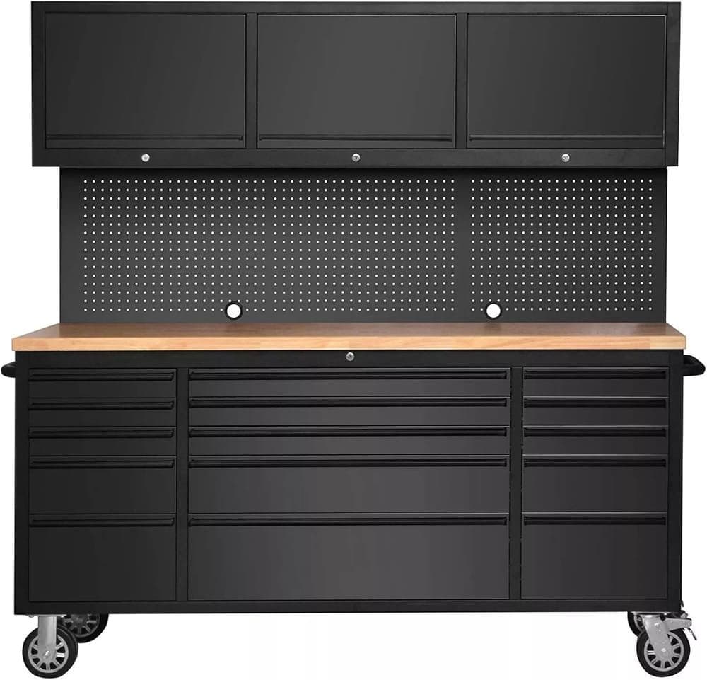 Crytec | 72″ Tool Cabinet Workstation | Black | 15 Drawers | 3 x Cupboards &amp; Pegboards