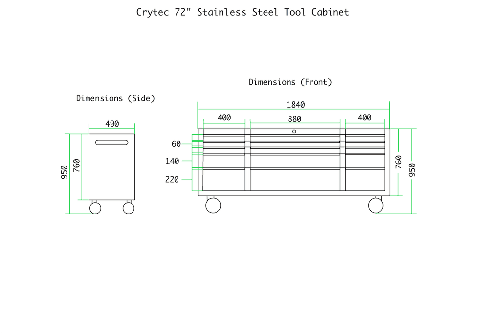 Crytec | 72″ Tool Cabinet | Wooden Top | Black | Stainless Steel | 15 Drawers |