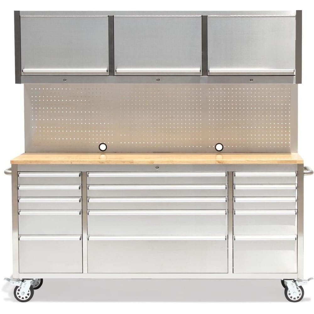 Crytec | 72″ Tool Cabinet With Workstation | Stainless Steel | 15 Drawers | 3 x Cupboards &amp; Pegboards