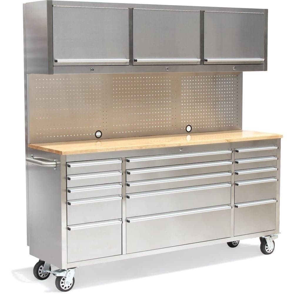 Crytec | 72″ Tool Cabinet With Workstation | Stainless Steel | 15 Drawers | 3 x Cupboards &amp; Pegboards