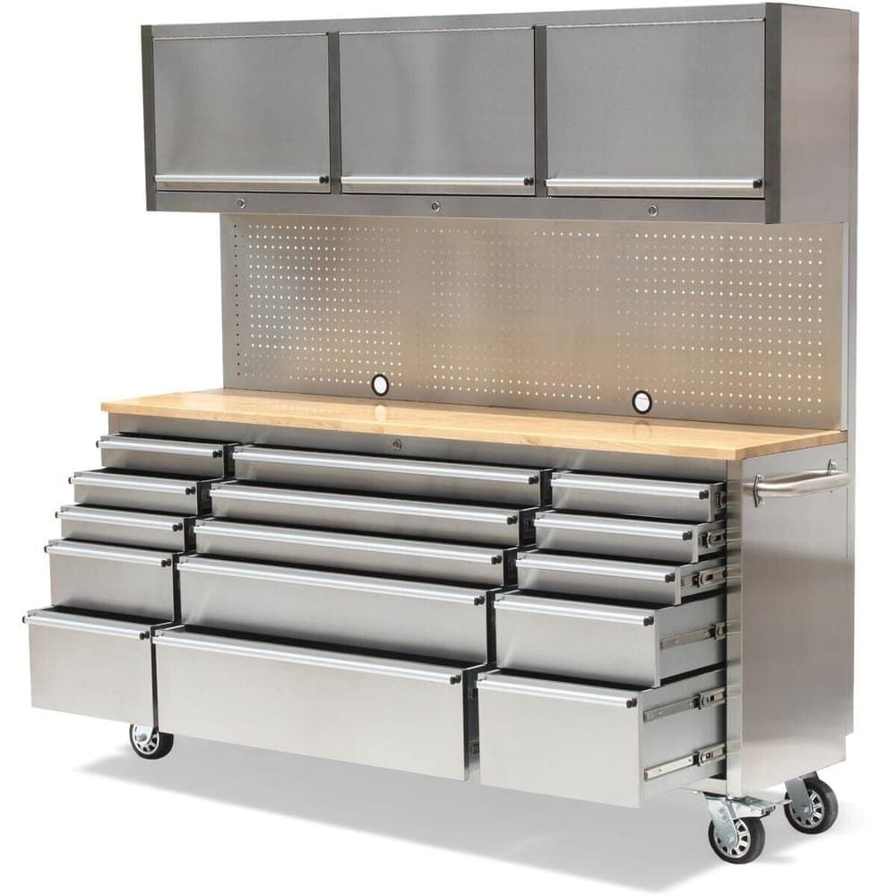 Crytec | 72″ Tool Cabinet With Workstation | Stainless Steel | 15 Drawers | 3 x Cupboards &amp; Pegboards